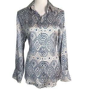 Zara Blue White Satin Ikat Print Collared Shirt XS Polished Silky Career Blouse